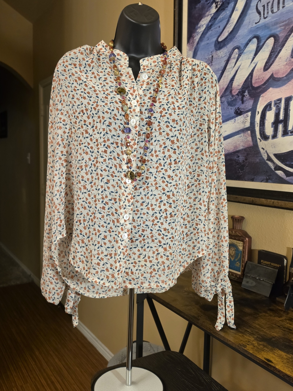 Mint Vanilla White Orange Blue Floral Button-Front Long Sleeve Blouse Sz 8